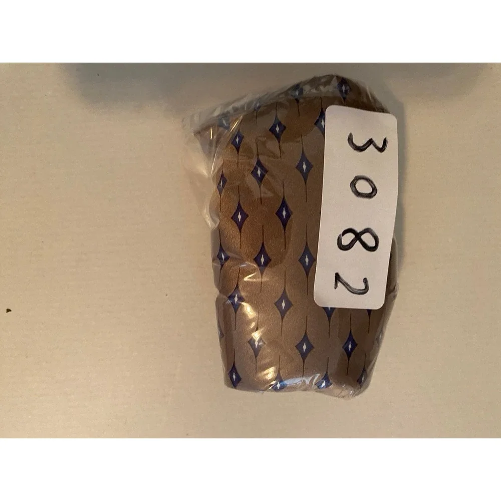 Claybrooke Mens Pure Silk Necktie Tan Brown Blue Geometric Diamond Pattern Tie
